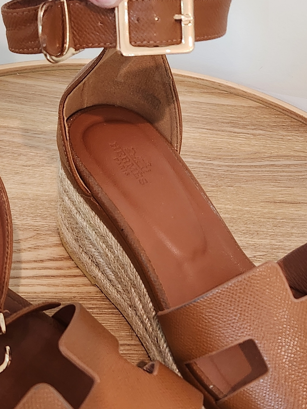Hermes Elda Tan Leather Platform Espadrille Wedge Strap Heels Size 39 / 8-8.5 - Picture 7 of 11